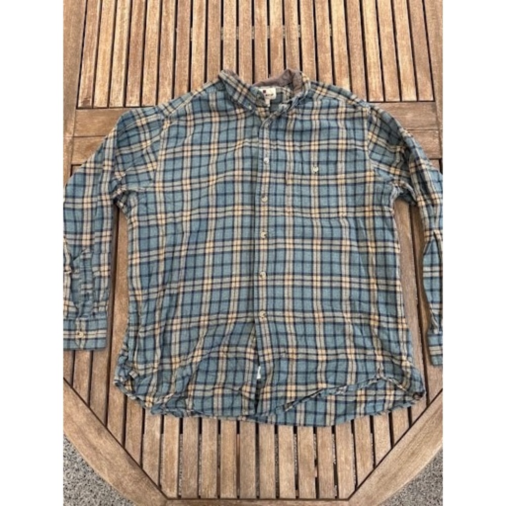 Vintage Woolrich Plaid Button-Down Shirt Men's XL Blue Tan Heavyweight Cotton